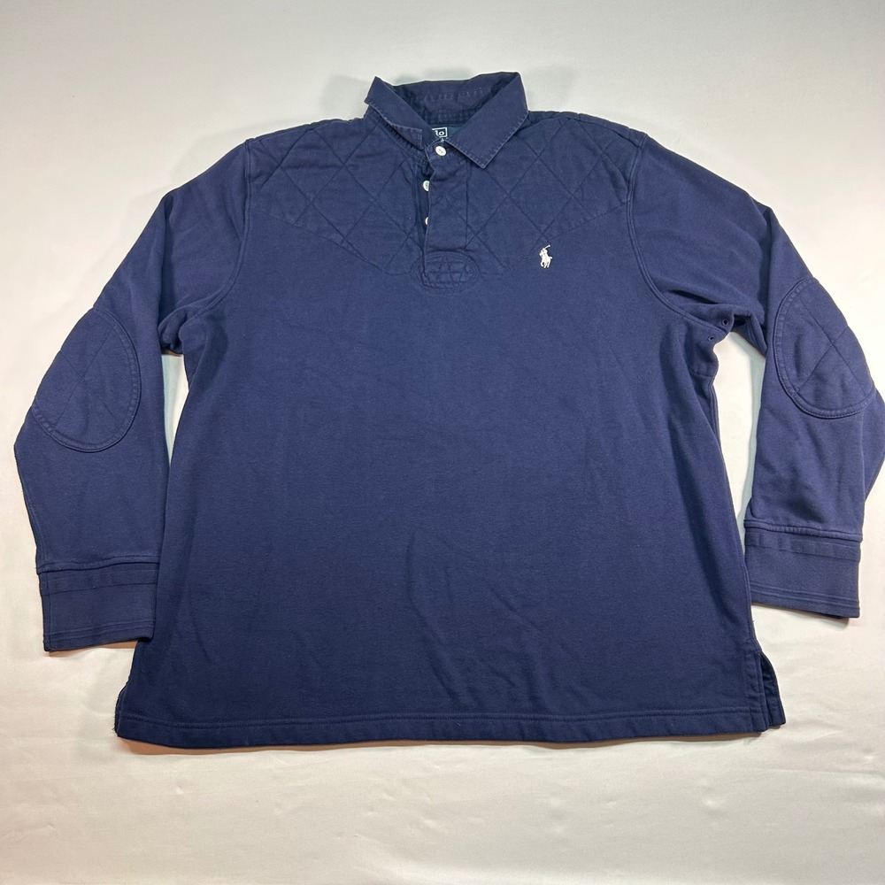 Polo Ralph Lauren Mens XL Navy Blue Quilted Shoulder Elbow Patch Rugby Shirt